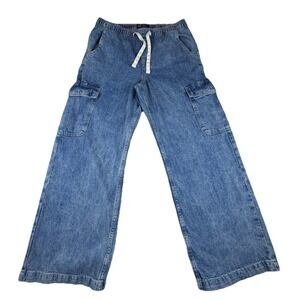 GAP Denim High Rise Wide Leg Cargo Pants Blue Jeans Elastic Waist Women's Medium